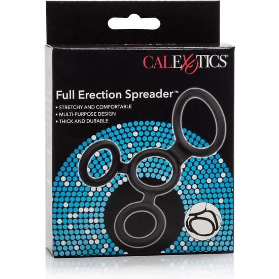Verpackung von CalExotics Full Erection Spreader. Schwarze Box mit Produktbild und blauen Punkten. Text: 'Stretchy and Comfortable'.