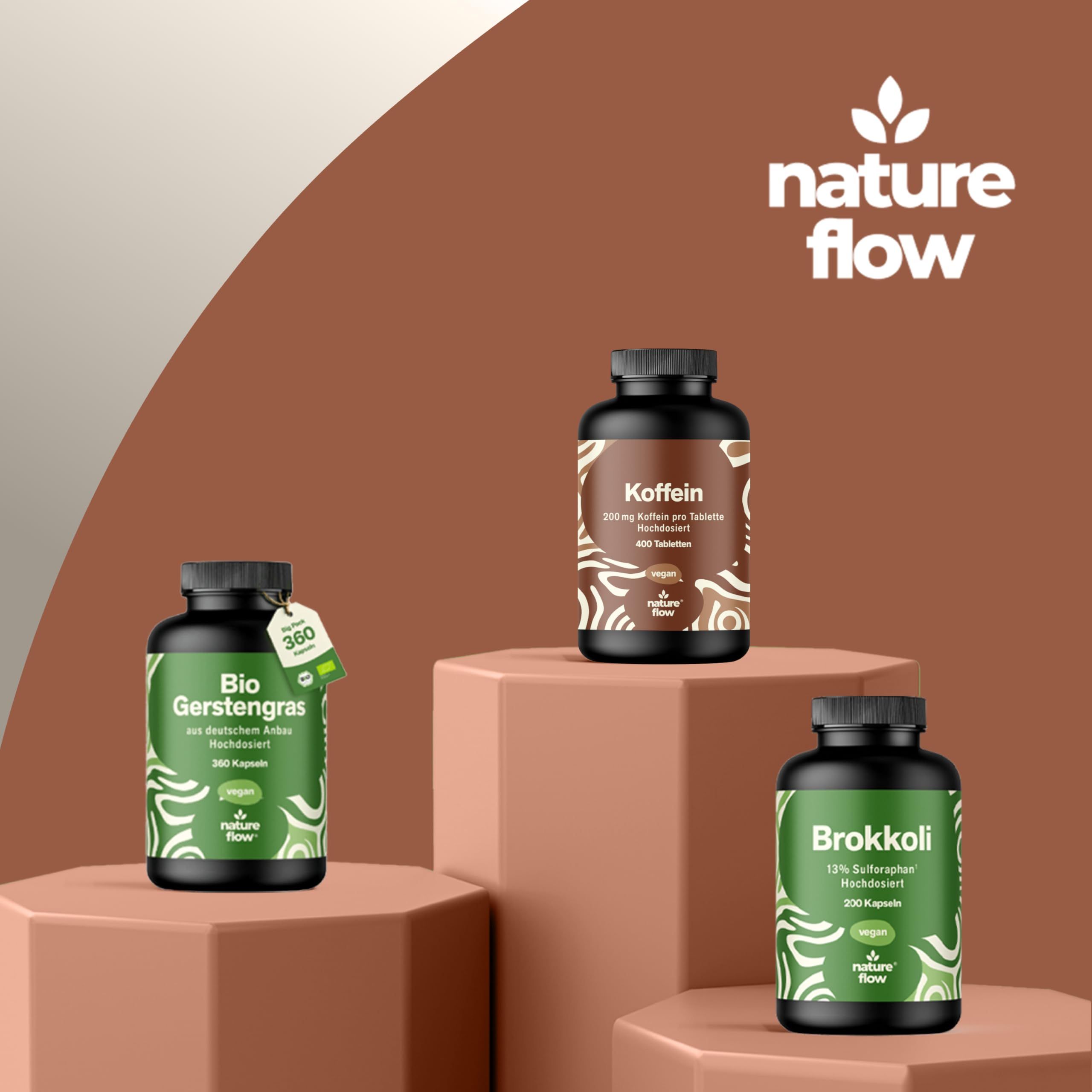 Drei Flaschen: Bio Gerstengras, Koffein, Brokkoli. Marke: nature flow.