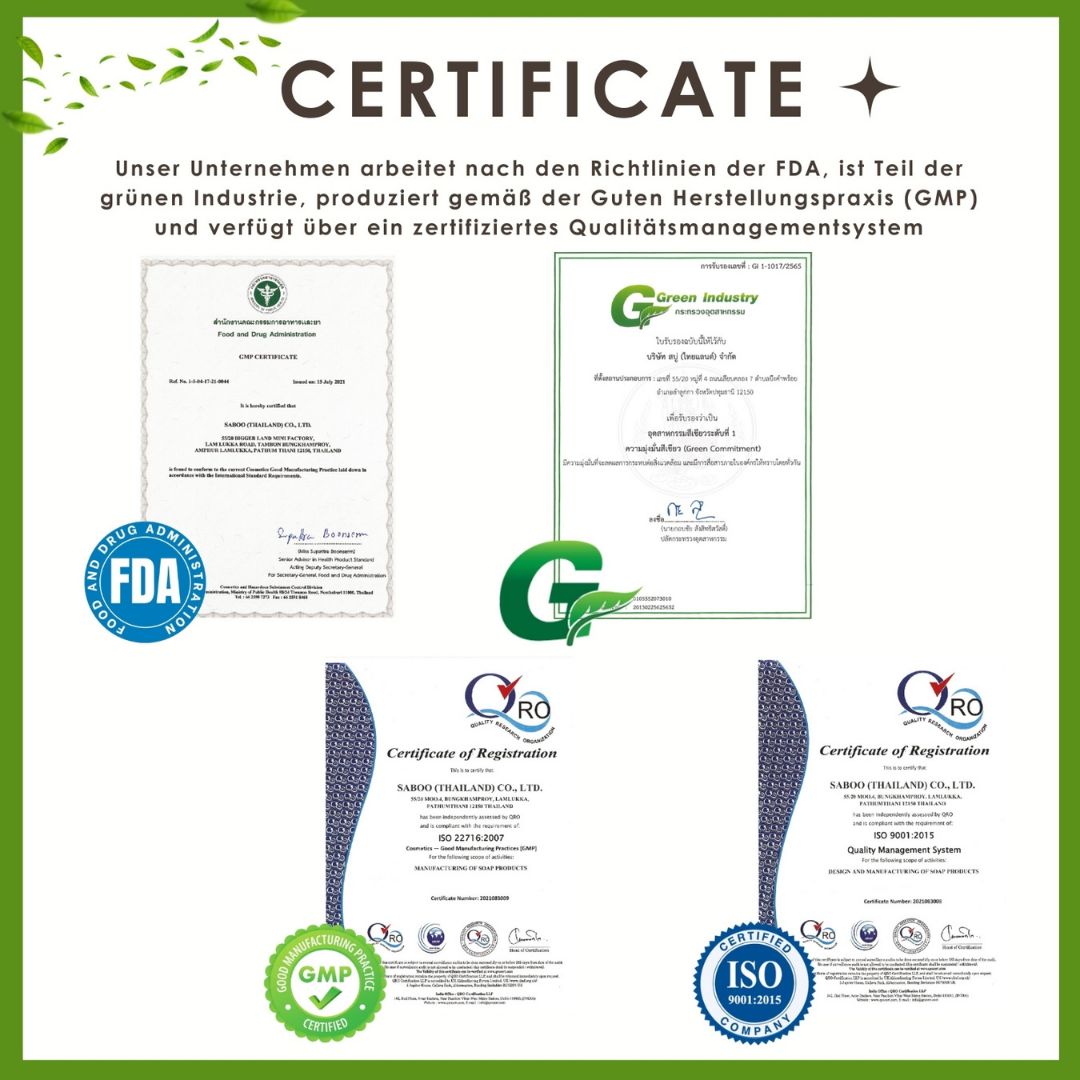 Zertifikate und Qualitätssiegel. FDA, GMP, ISO 9001. Logos und Text. Zertifizierungen für die Herstellung von Kosmetika.