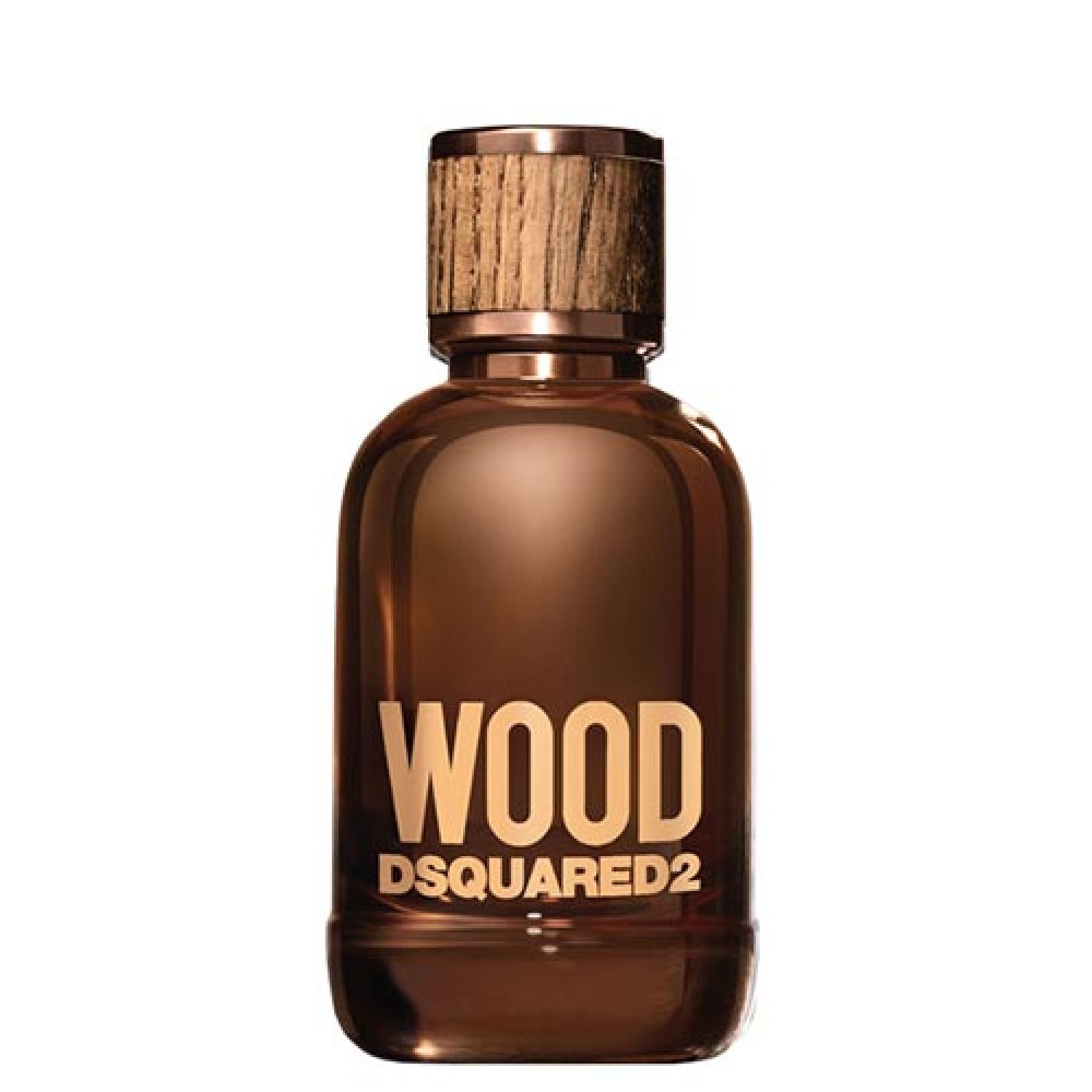 Braune Flasche mit Holzverschluss. Aufschrift "WOOD DSQUARED2".