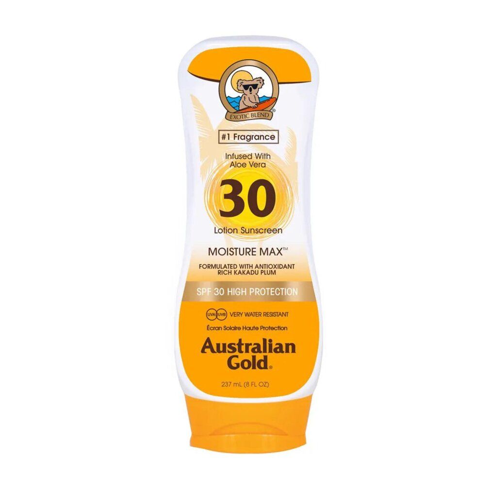 Sonnenlotion mit SPF 30. Gelbe Flasche mit weißem Deckel. Text: Australian Gold, Moisture Max, SPF 30 High Protection.