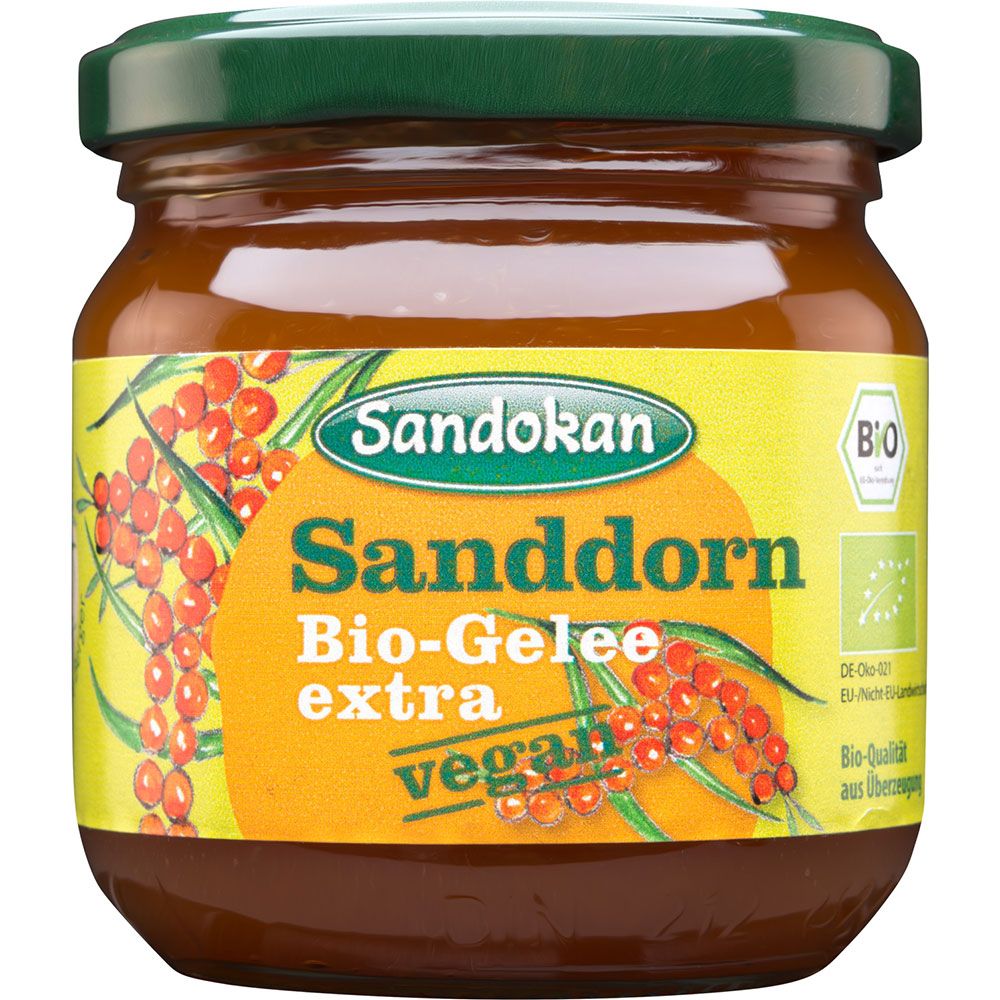 Glas mit Sanddorn-Gelee extra Bio. Gelbes Etikett mit Produktnamen und Bio-Siegel. Grüner Deckel.