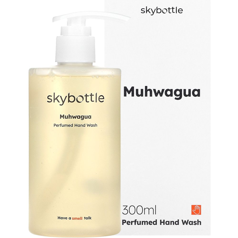 Flasche und Verpackung. Aufschrift: skybottle, Muhwagua, Perfumed Hand Wash, 300ml. Weißer Hintergrund.