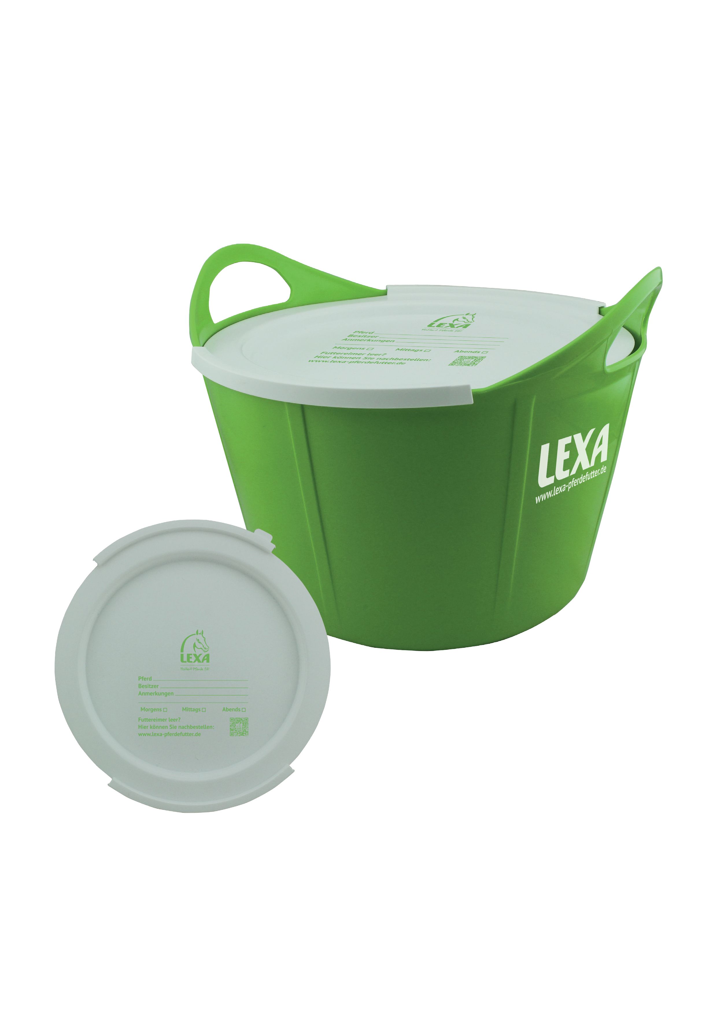 Grüne Flexischale mit Deckel. Der Deckel liegt daneben. Mit Griffen und dem Schriftzug LEXA.