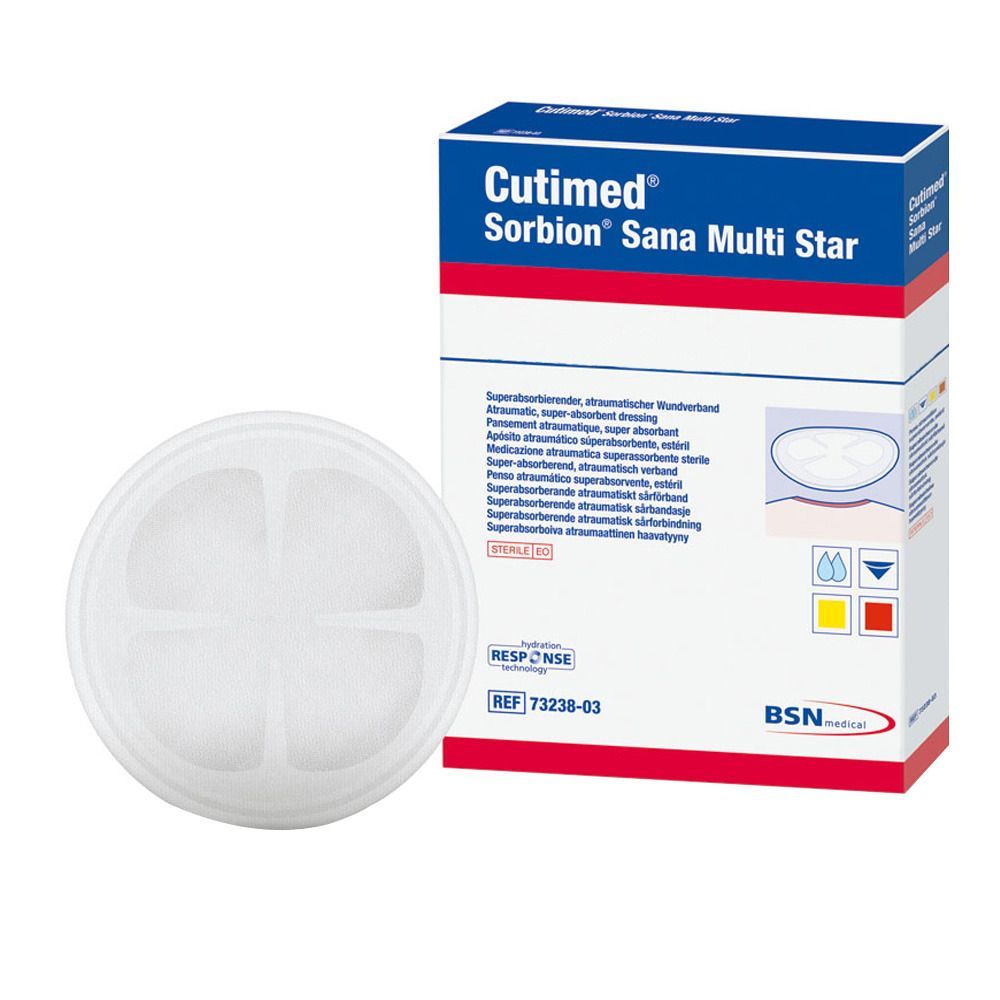 Runder Verband mit vier Kammern neben Verpackung. Verpackung mit Produktname, Größe und Logo.