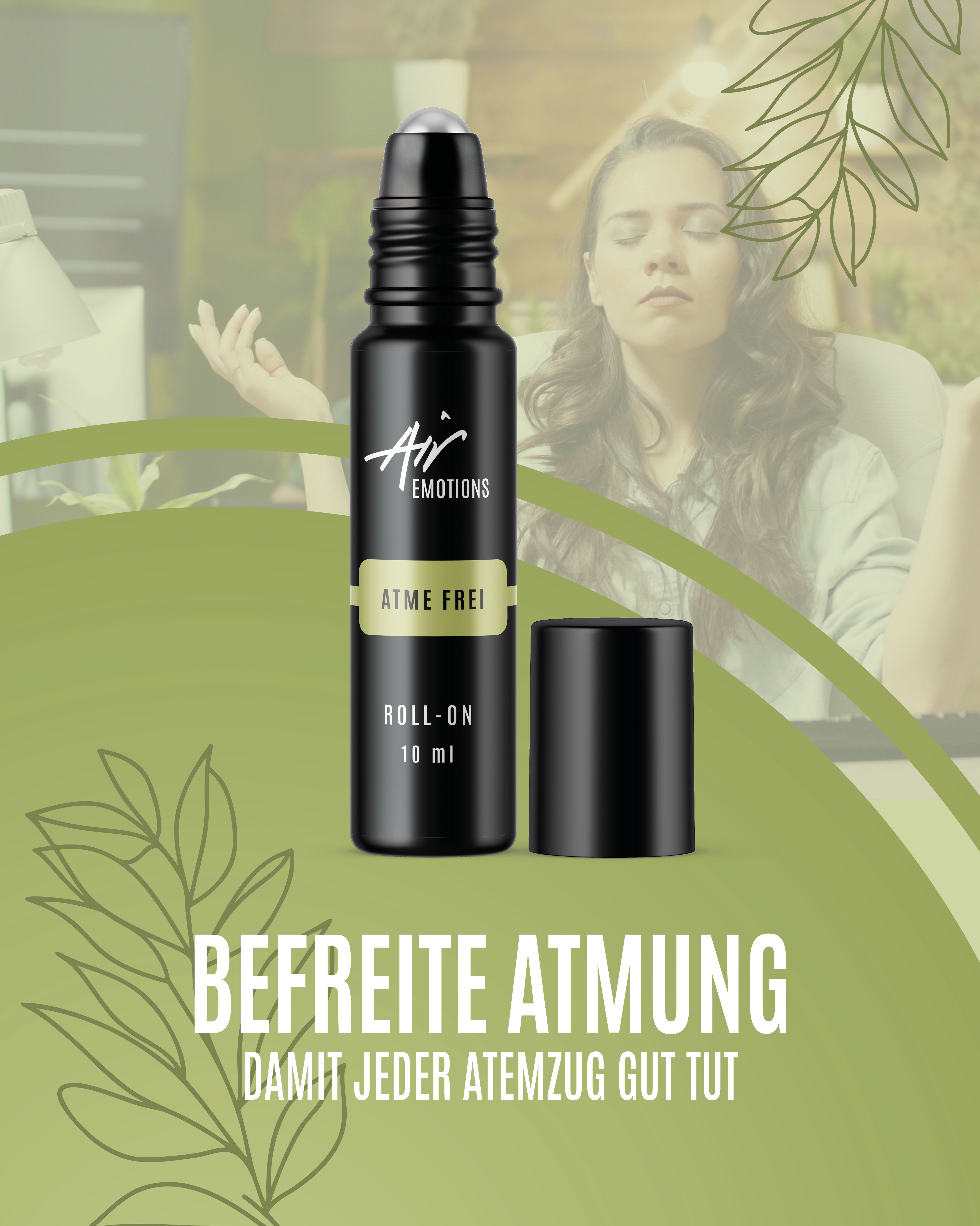 Schwarze Roll-On-Flasche mit silberner Kugel und schwarzem Deckel. Aufschrift: ATME FREI, ROLL-ON, Air Emotions. Hintergrund: Person.