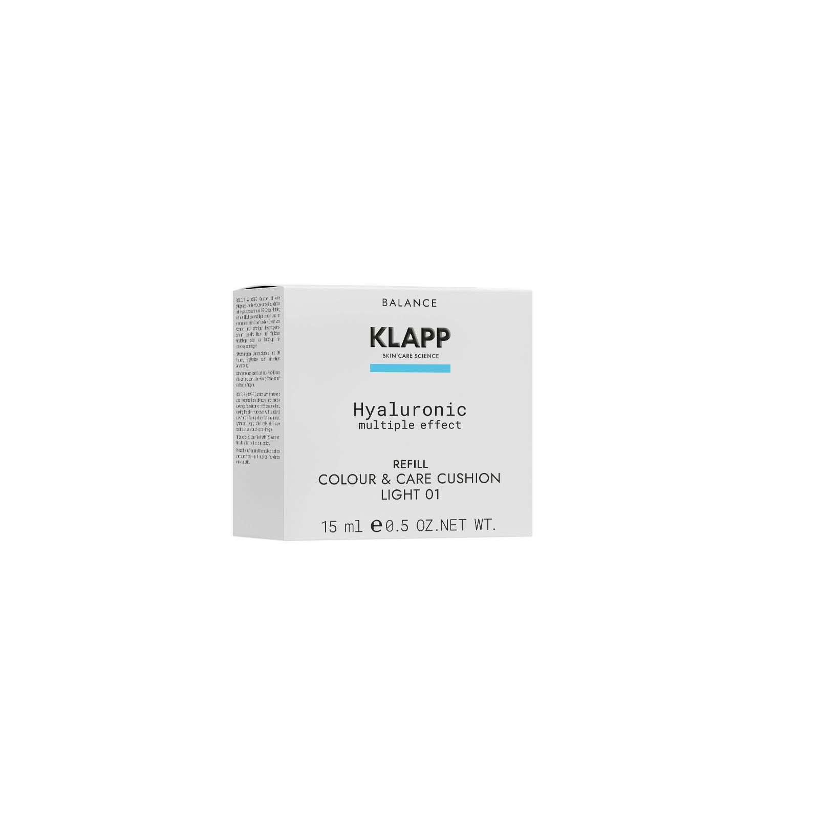 Weiße Produktverpackung mit "KLAPP"-Logo und Produktbezeichnung: Hyaluronic Multiple Effect Colour & Care Cushion Refill.
