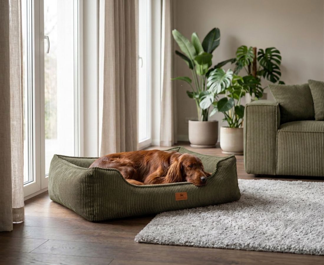 Orthopädisches Hundebett in Khaki-Cord mit niedrigem Einstieg, auf einem Teppich in einem Wohnzimmer.