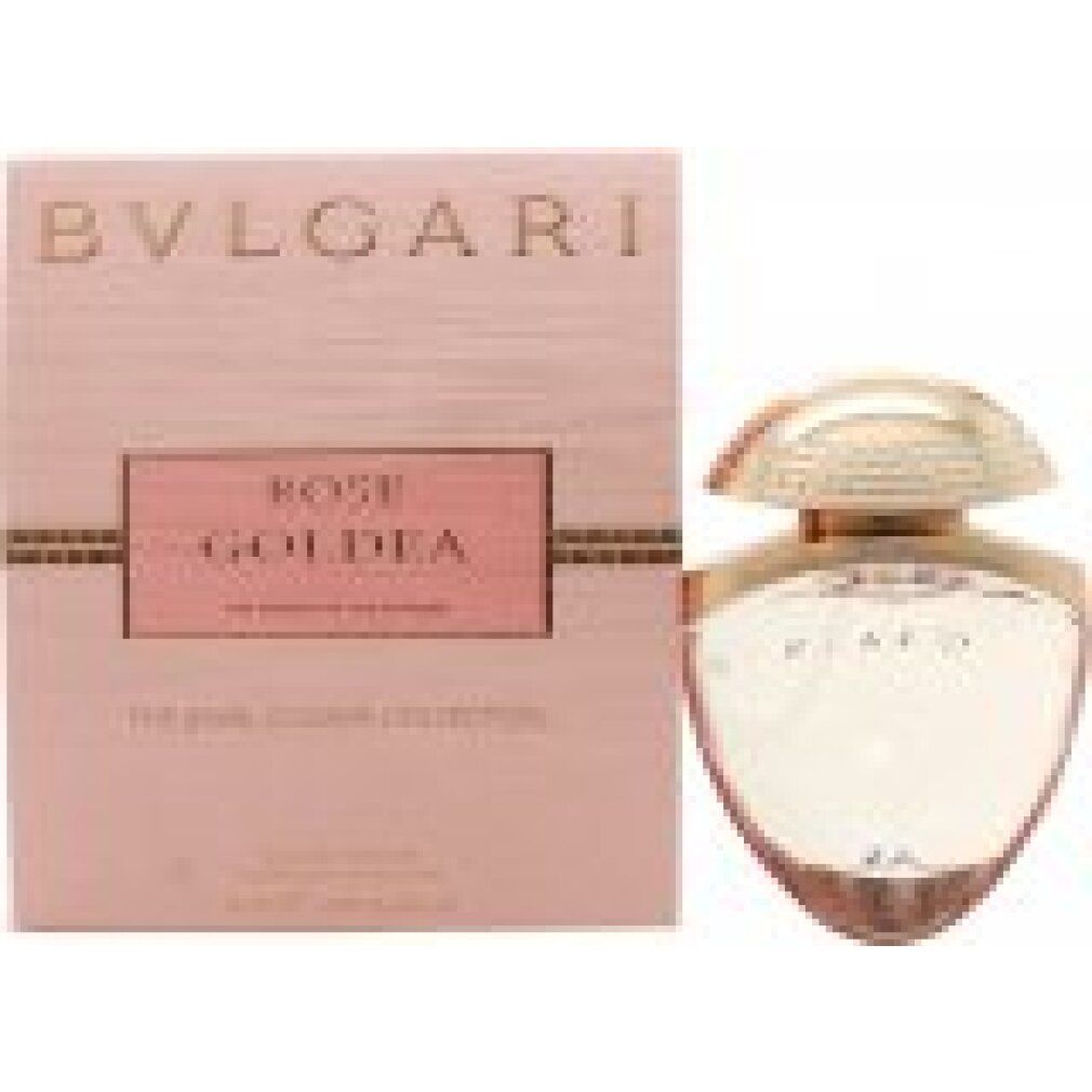 Rosafarbene Verpackung mit "BVLGARI" und "ROSE GOLDEA". Flakon mit rosa Flüssigkeit und goldfarbenem Verschluss.