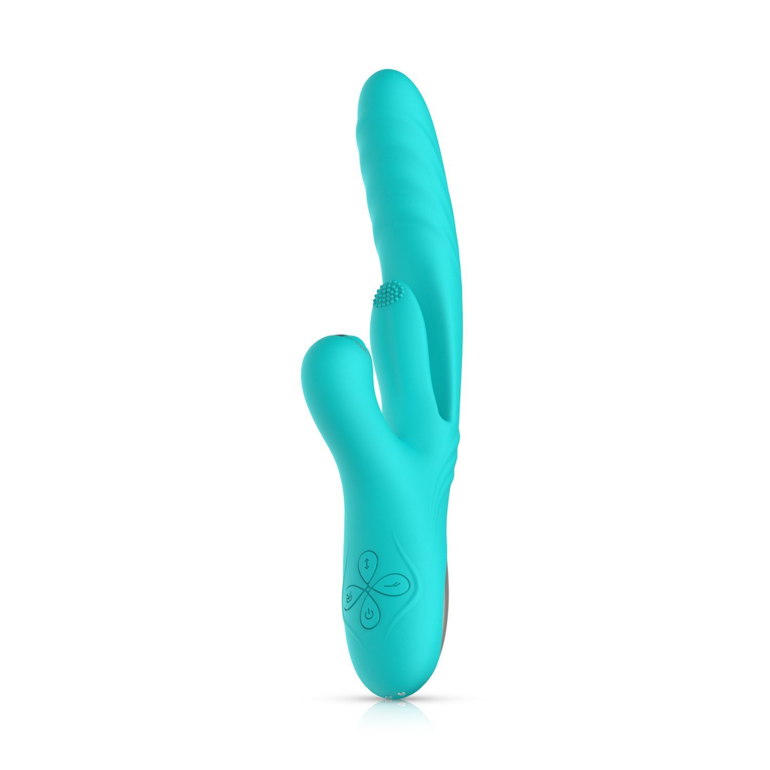 Vibrateur turquoise à trois branches. Le vibrateur a une forme incurvée et des boutons.