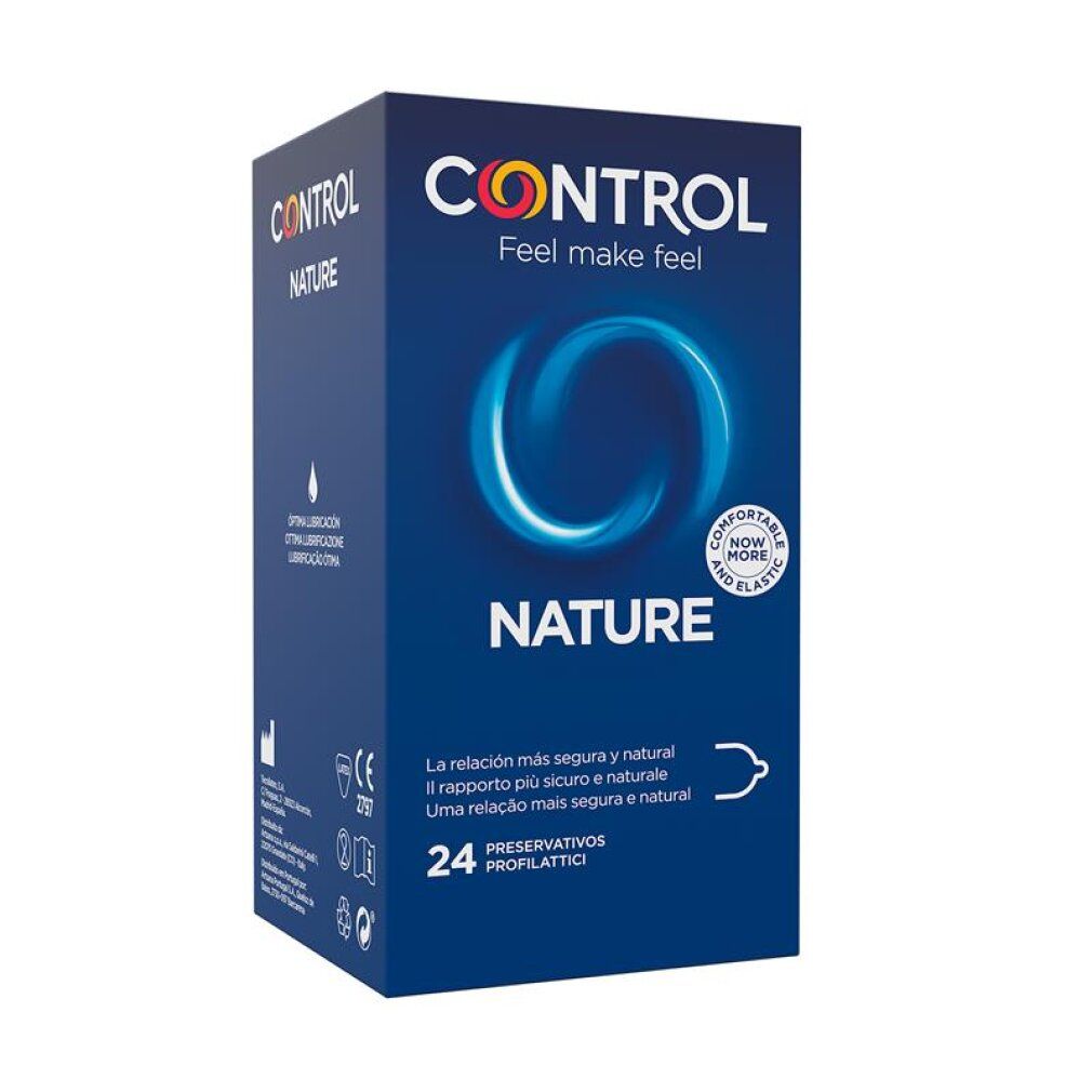 Control Nature Kondom-Packung, 24 Stück. Blaue Box mit Logo, Kreis-Design und Text 'COMFORTABLE NOW MORE AND ELASTIC'.