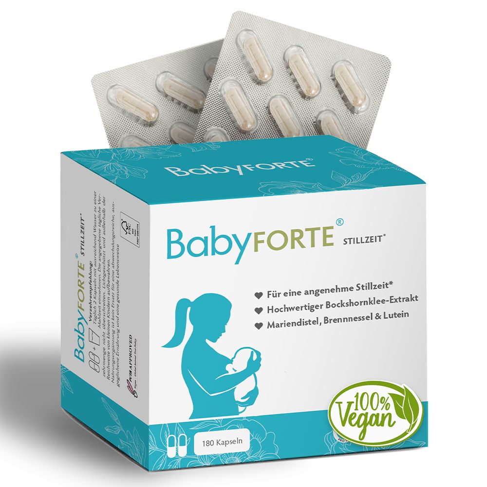 Produktverpackung und Blister. Aufschrift: BabyFORTE. Text: Für eine angenehme Stillzeit, 100% Vegan. 180 Kapseln.