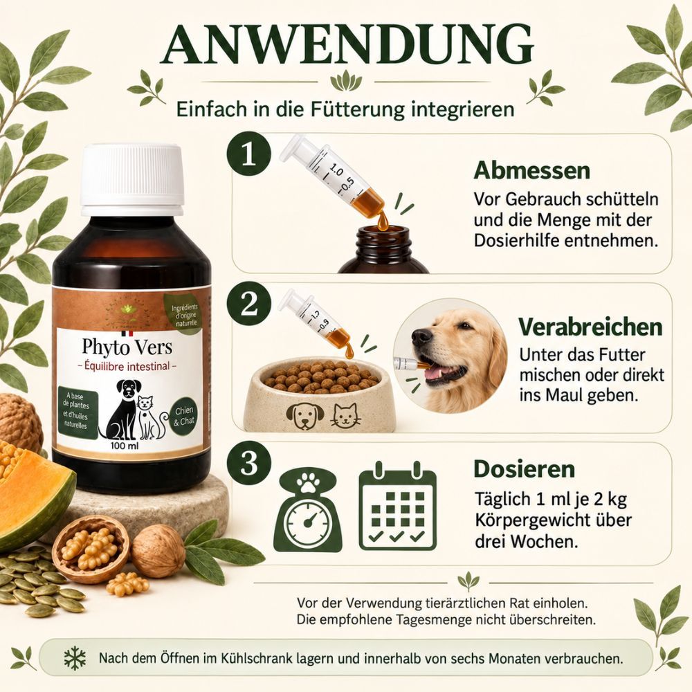 Anwendung von Phyto Vers: Einfach in die Fütterung integrieren, mit Dosierungshinweisen für Hunde und Katzen.
