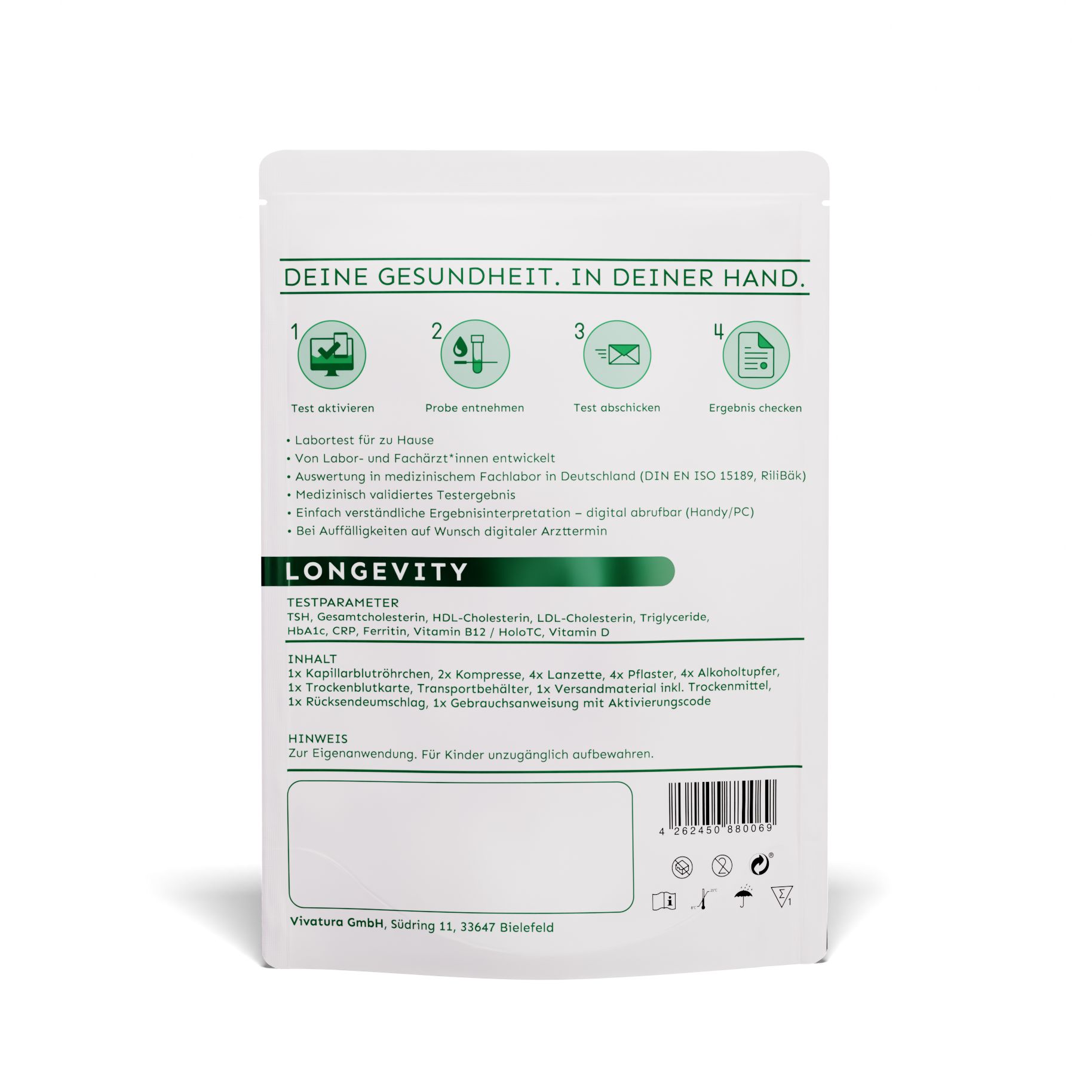 Rückseite des grünen vivatura® Longevity Test-Kit. Text: DEINE GESUNDHEIT. IN DEINER HAND. LONGEVITY, Testparameter, Inhalt, Hinweise.