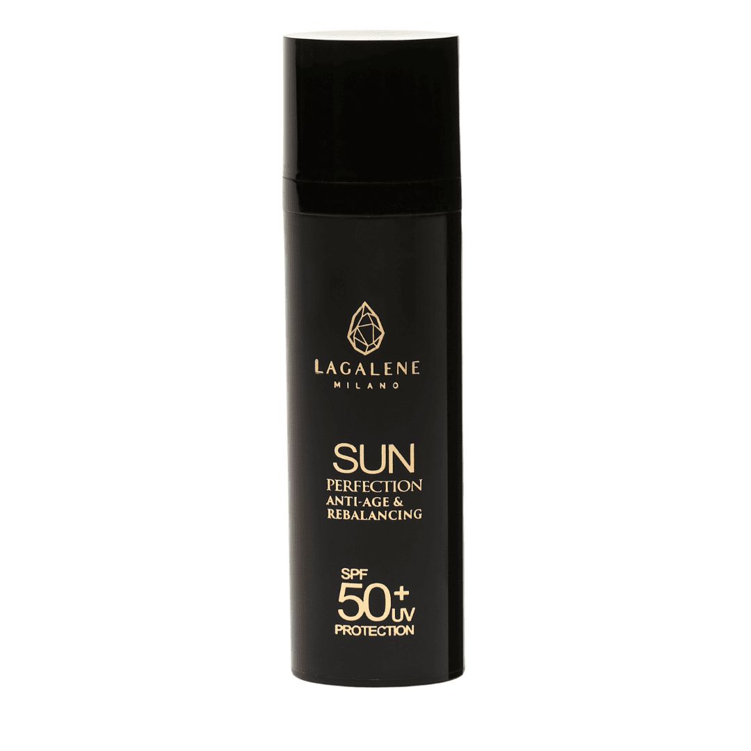 Schwarze Flasche mit Lagalene Milano Sun Perfection. Text: SPF 50+ UV Protection.