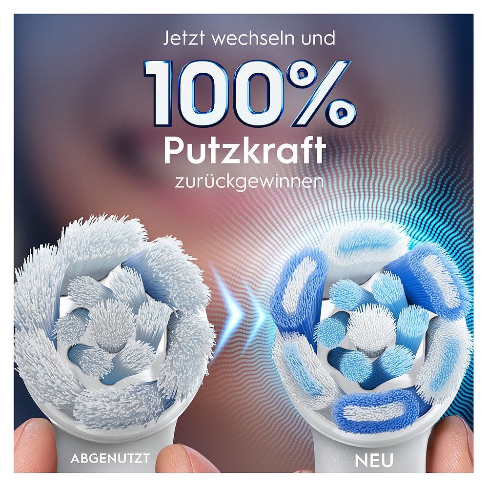 Vergleich von neuem und abgenutztem Bürstenkopf für 100% Putzkraft.