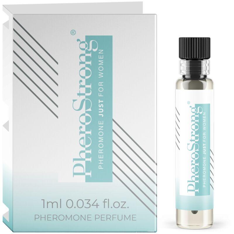 Pheromone Parfum Fläschchen und Verpackung. "PheroStrong JUST FOR WOMEN" 1ml 0.034 fl.oz.