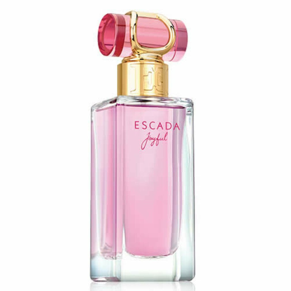 Escada Joyful Eau de Parfum Spray. Rechteckiger Glasflakon mit pinkfarbenem Inhalt. Rosa Verschluss.