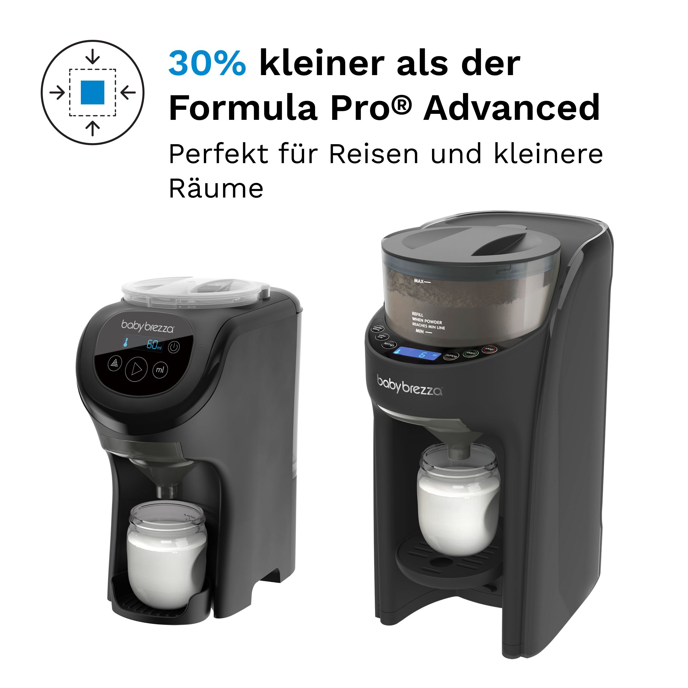 Baby Brezza Milchzubereiter mit gefülltem Glas und separatem Sockel.