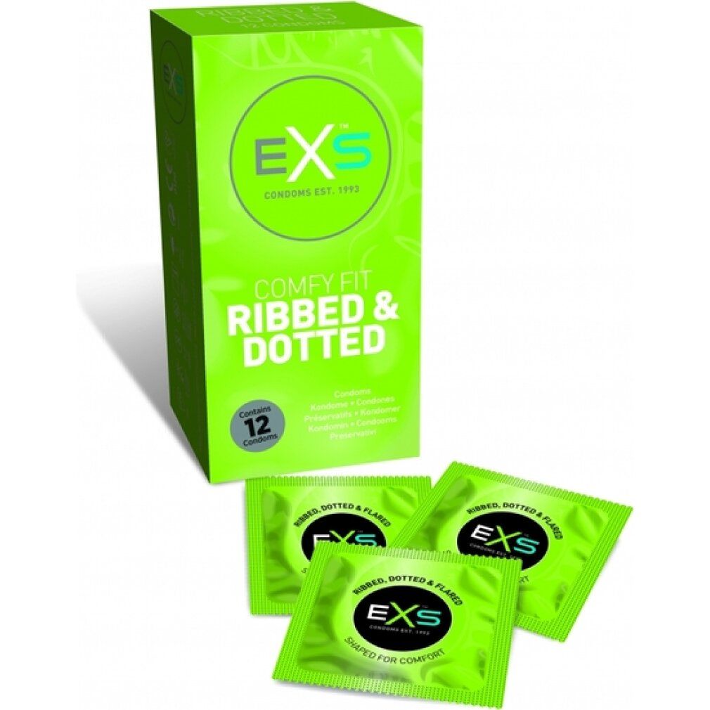 Grüne Schachtel EXS Ribbed & Dotted Kondome und 3 Einzelverpackungen.