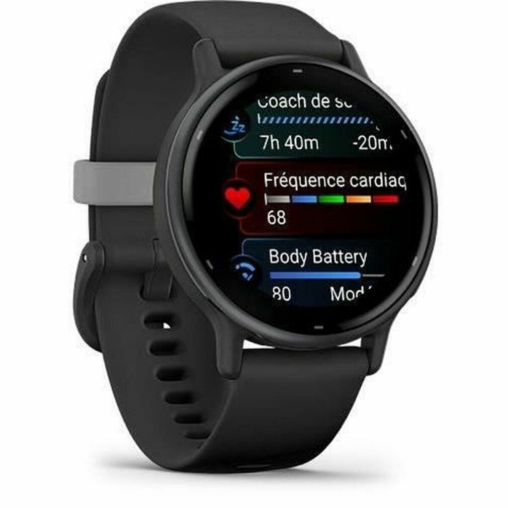 Schwarze Smartwatch mit Display. Herzfrequenzanzeige, Batteriestatus, Uhrzeit. Schwarzes Armband. Grauer Bandhalter. Garmin-Logo.