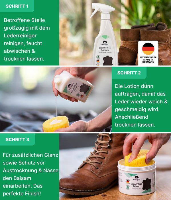 Anleitung zur Lederpflege. Schritt 1: Reiniger. Schritt 2: Lotion. Schritt 3: Balsam. Produkte von Emma Grün® mit Schwamm und Bürste.
