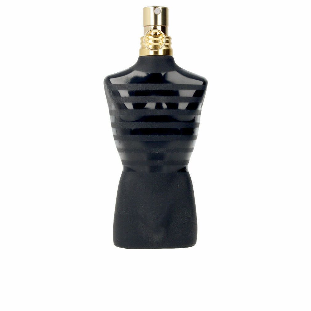 Schwarzer Flakon in Torsoform mit goldfarbenem Verschluss. Horizontal gestreiftes Design.