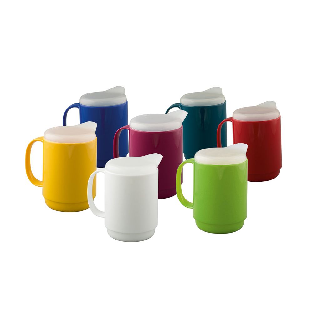 Mehrfarbiges Trinkbecher-Set mit Deckel. Gelb, blau, rot, grün, weiß, pink und türkis. Griffe und Deckel in Weiß.