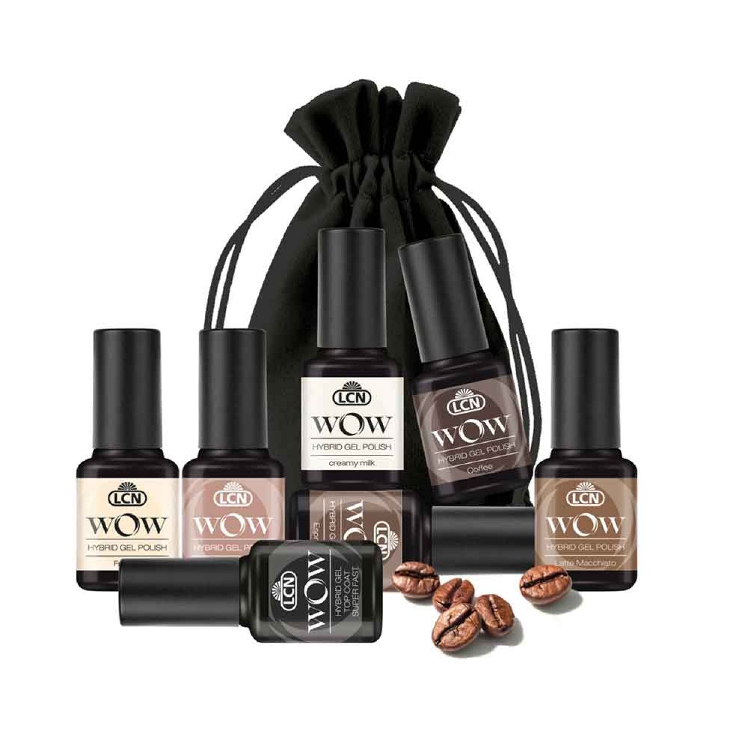 Set mit sechs Nagellacken und einem Top Coat in einer schwarzen Tasche. Auf den Flaschen steht "LCN WOW Hybrid Gel Polish". Kaffeebohnen liegen daneben.
