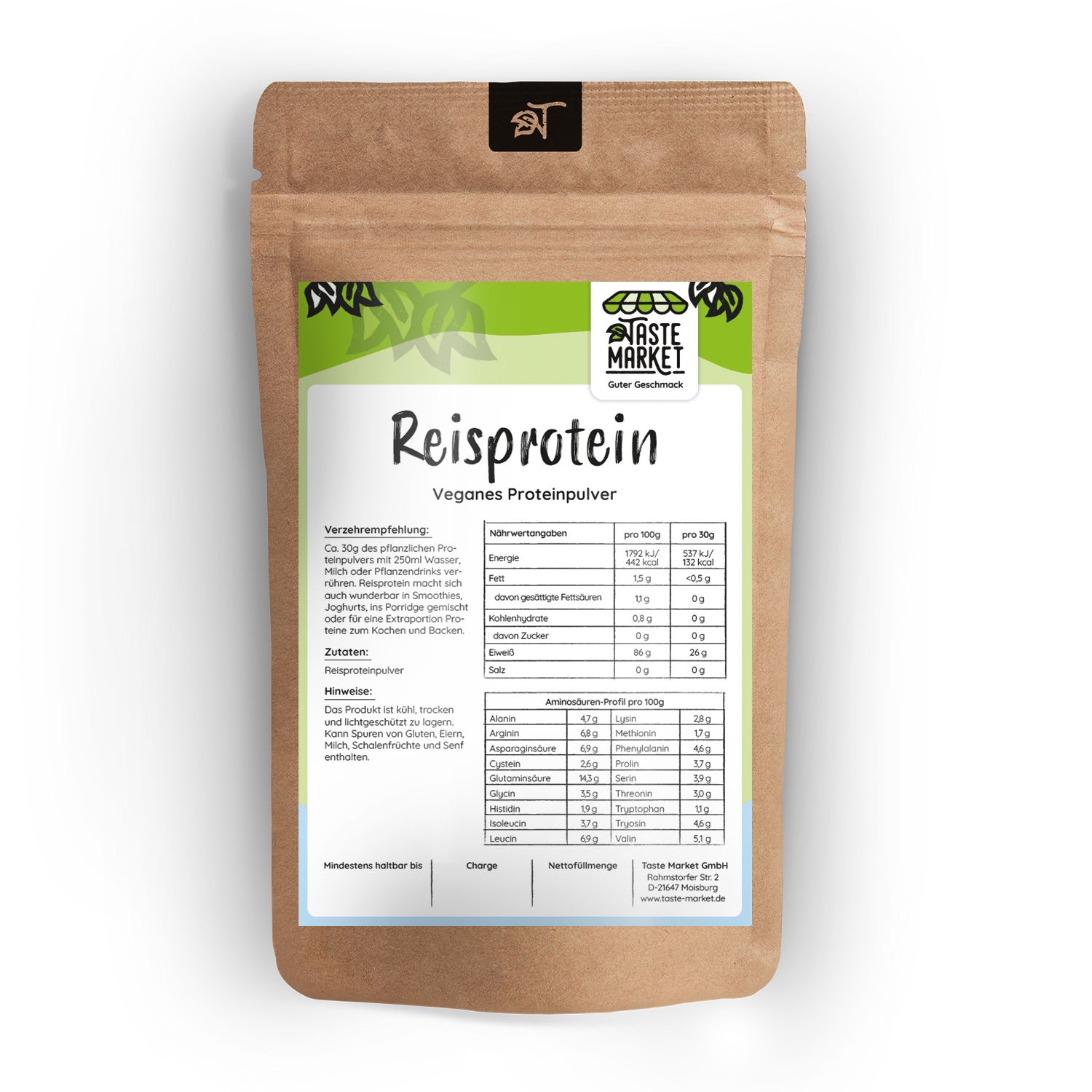 Braune Tüte mit Reisprotein-Pulver. Aufschrift: Taste Market, Reisprotein, veganes Proteinpulver. Nährwertangaben und Zutatenliste.