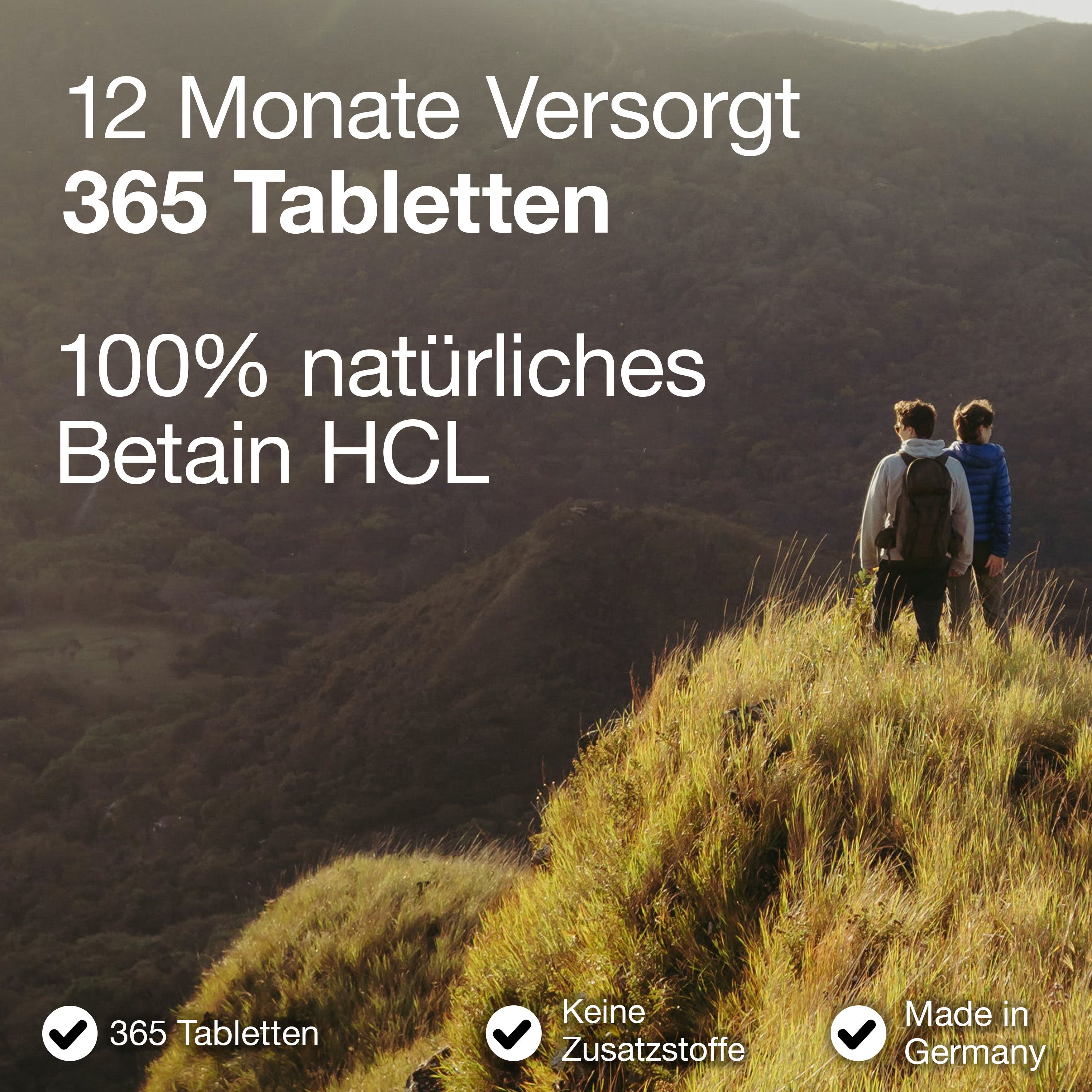 Zwei Personen auf einem Berg. Text: "12 Monate versorgt 365 Tabletten".