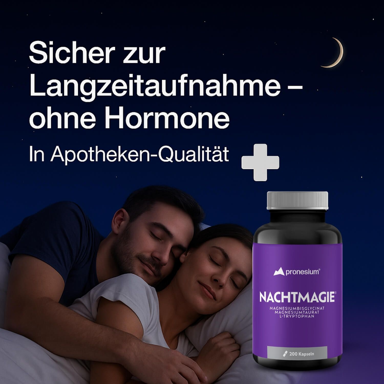 Paar schläft friedlich. Flasche NACHTMAGIE. Text: Sicher zur Langzeitaufnahme - ohne Hormone. In Apotheken-Qualität. Mond-Symbol.