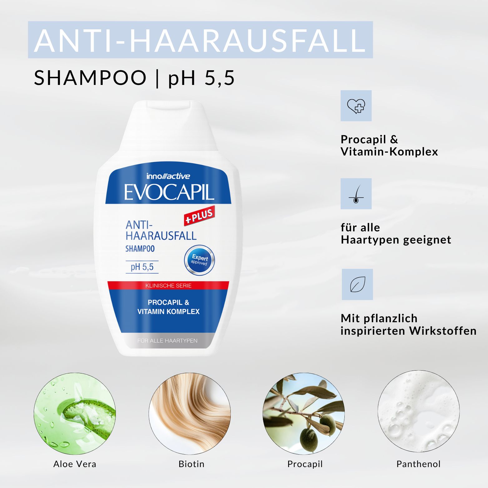 Flasche EVOCAPIL ANTI-HAARAUSFALL SHAMPOO, pH 5,5, mit Procapil & Vitamin-Komplex.