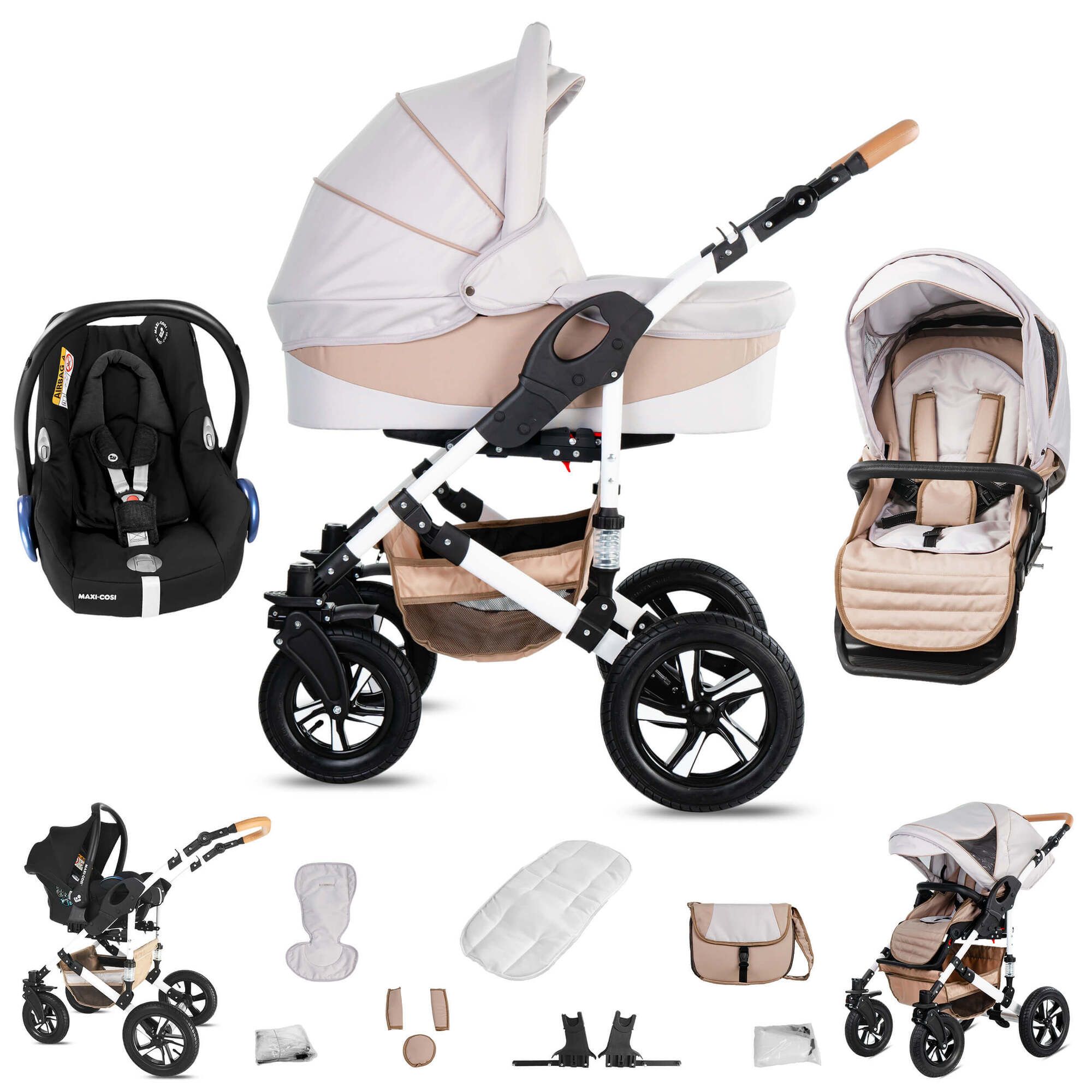 Kinderwagen mit Maxi Cosi, beige und cremefarben. Enthält Zubehör wie Tasche und Kissen. Hartgummireifen.