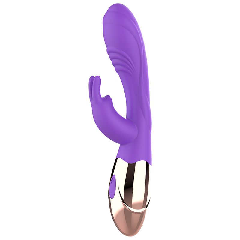 Lila Vibrator mit goldfarbenem Akzent. Form eines Hasenohrs. Vertikale Ansicht.