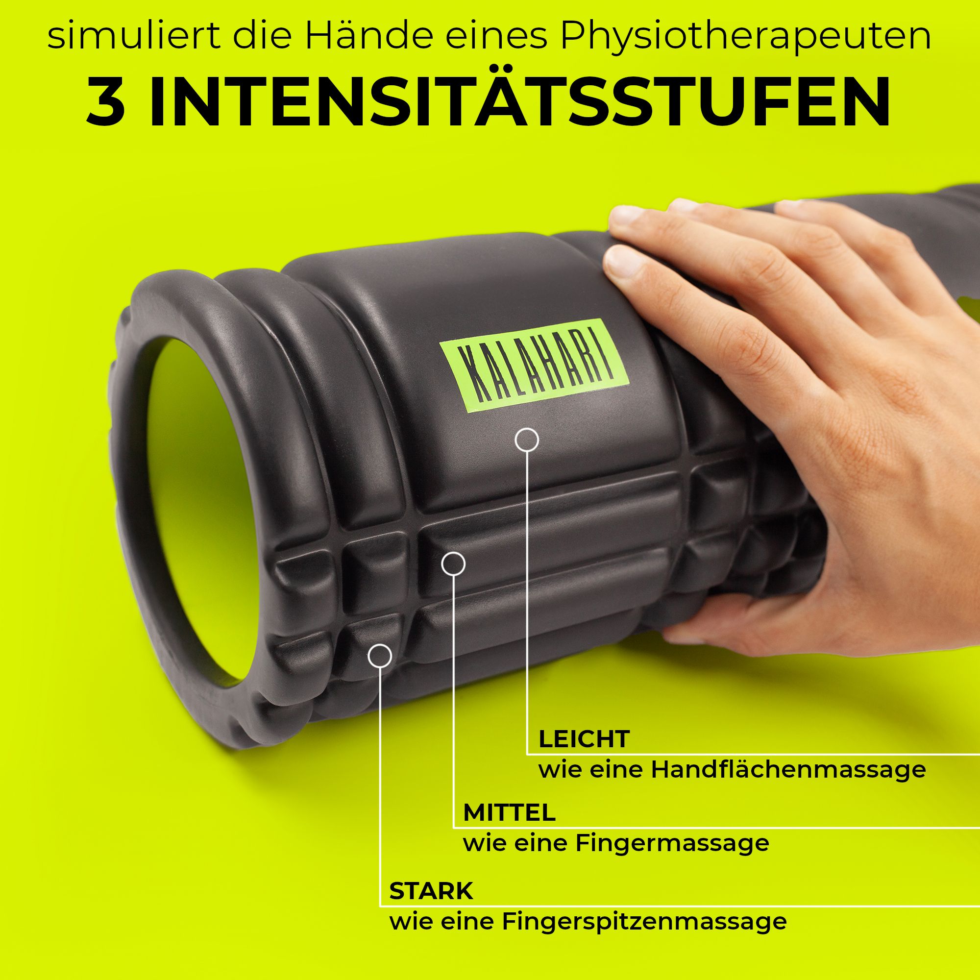 Faszienrolle mit Hand, 3 Intensitätsstufen: Leicht, Mittel, Stark.