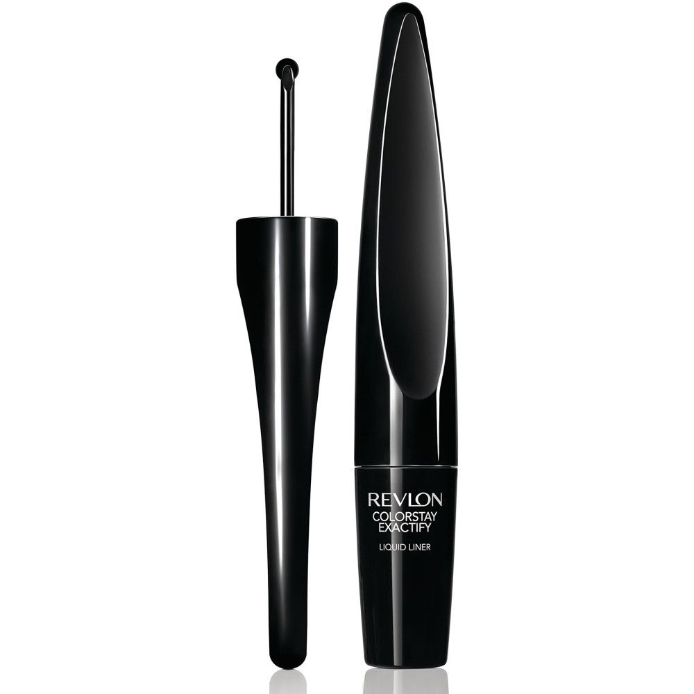 Schwarzer Revlon Colorstay Exactify Flüssiger Eyeliner. Flasche und Applikator mit Radspitze.