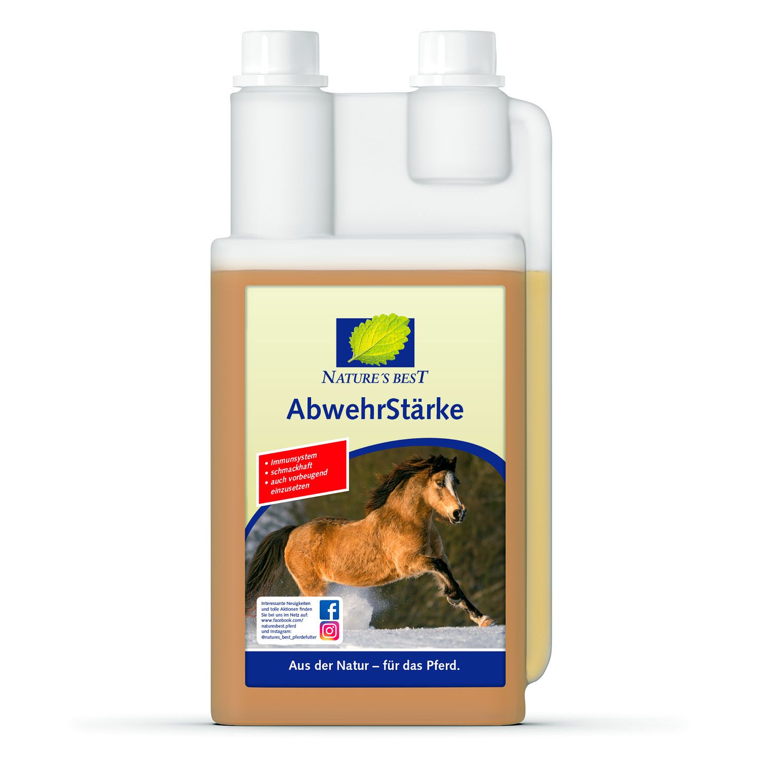Behälter mit "Nature's Best AbwehrStärke"-Etikett. Braune Flüssigkeit. Logo mit Pferd. Text: "Aus der Natur - für das Pferd".
