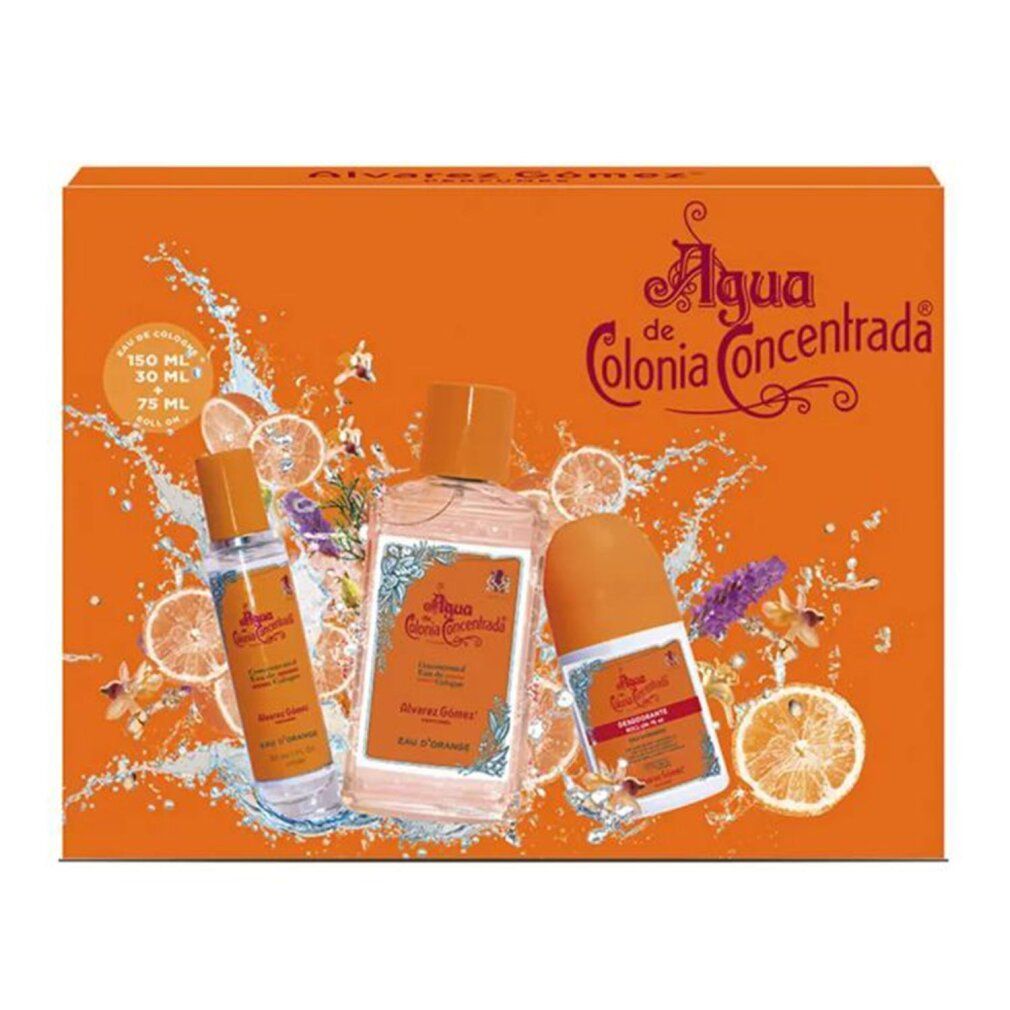 Geschenkset mit drei Produkten. Orangefarbene Verpackung mit 'Agua de Colonia Concentrada'. Produkte: Spray, Flasche, Roll-on.