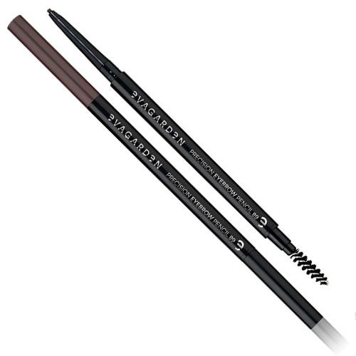 Zwei Augenbrauenstifte. Schwarze Stifte mit brauner Mine und Bürste. Aufschrift: EVAGARDEN PRECISION EYEBROW PENCIL 89.