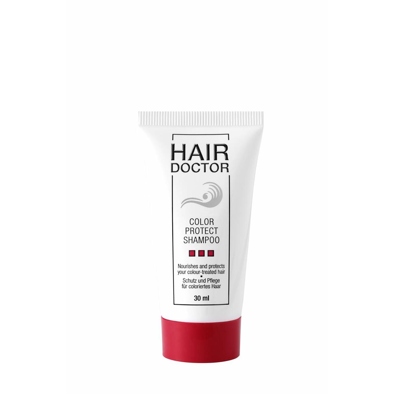 Kleine Tube "Hair Doctor Color Protect Shampoo". Weiß mit rotem Deckel. Text: "Color Protect Shampoo", "30 ml".