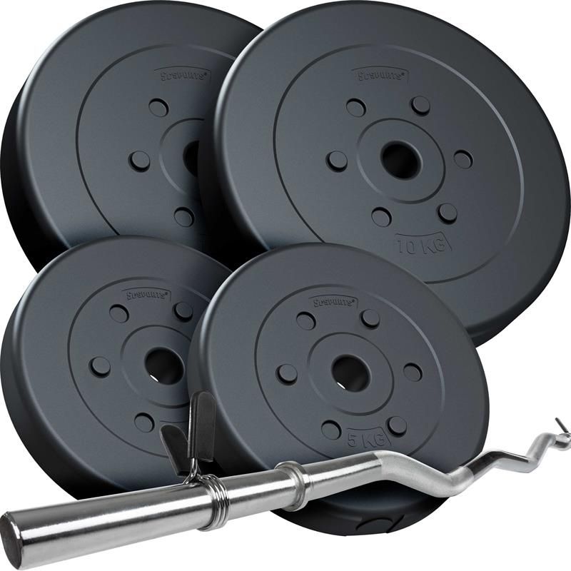 Curlhantelset mit schwarzen Kunststoffscheiben und Chromhantelstange. Vier Scheiben, zwei mit 10 kg, zwei mit 5 kg. Gesamtgewicht 30 kg.