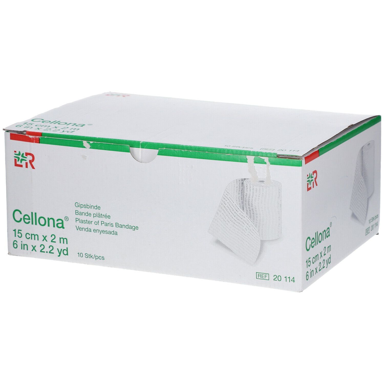 Cellona Gipsbinde, 15 cm x 2 m, in Verpackung. Weiße Gipsbinde teilweise sichtbar. 10 Stück pro Packung.