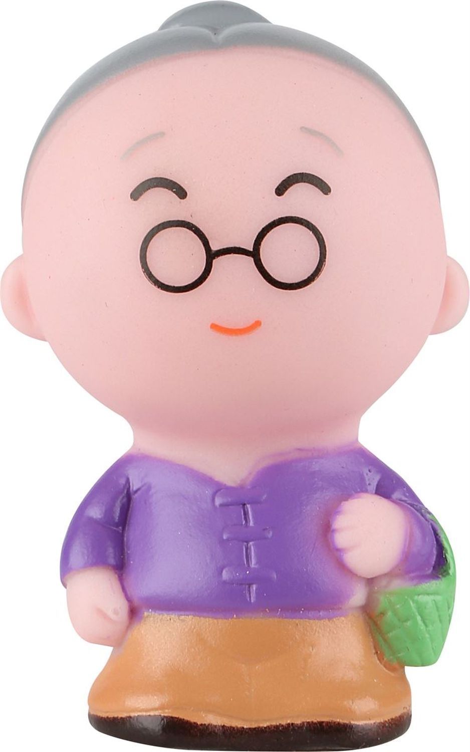 Fingerpuppe, Frau. Lila Oberteil, beige Hose. Brille. Gesicht mit Augen, Nase und Mund. Graue Haare.