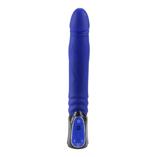 Blauer Vibrator mit Stoßfunktion. Schwarzer Griff mit Bedienfeld. Auf dem Griff ist das Logo von You2Toys zu sehen.