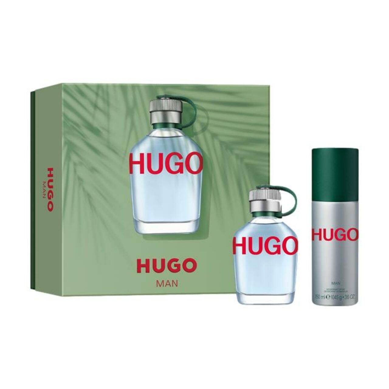 Geschenkset mit Flakon, kleinem Flakon und Deospray. Flakons mit rotem HUGO-Schriftzug. Deospray silberfarben mit grünem Deckel.