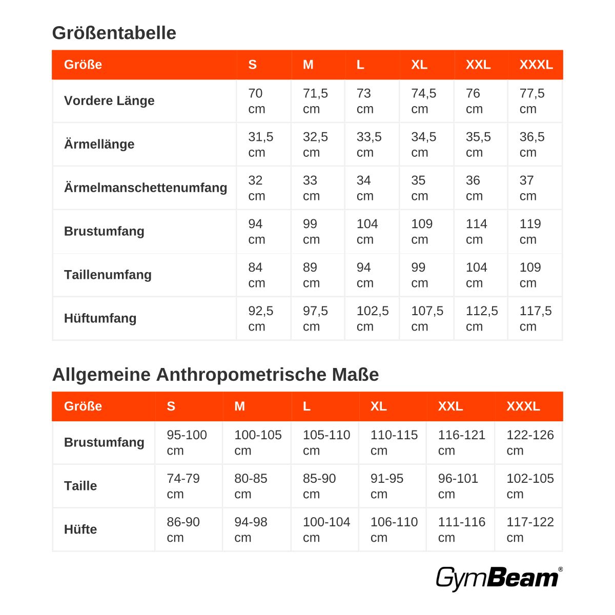 Größentabelle für GymBeam Herren T-Shirts in Schwarz, mit Maßen in cm.