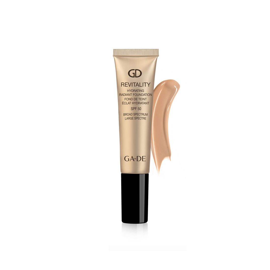 Beige Tube mit schwarzem Deckel. Aufschrift: REVITALITY, HYDRATING RADIANT FOUNDATION, SPF 50, GA-DE. Daneben ein Farbmuster.