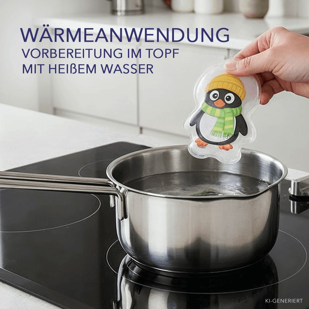 Eine Hand hält eine Pinguin-förmige Wärmflasche über einen Topf mit kochendem Wasser.