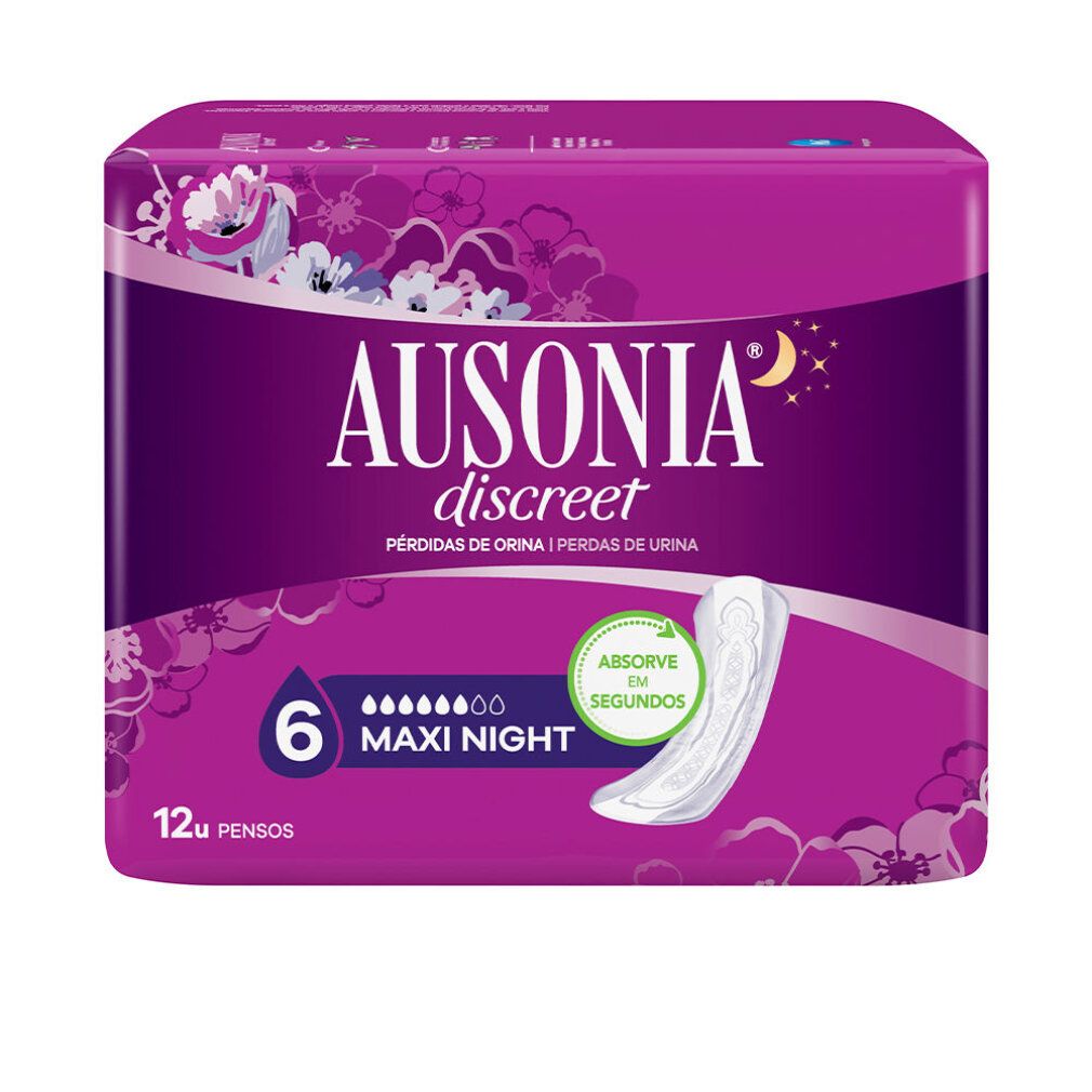 Verpackung mit Ausonia Discreet Maxi Night. Lila Verpackung mit Produktabbildung. Text: 6, Maxi Night, 12 Stück.